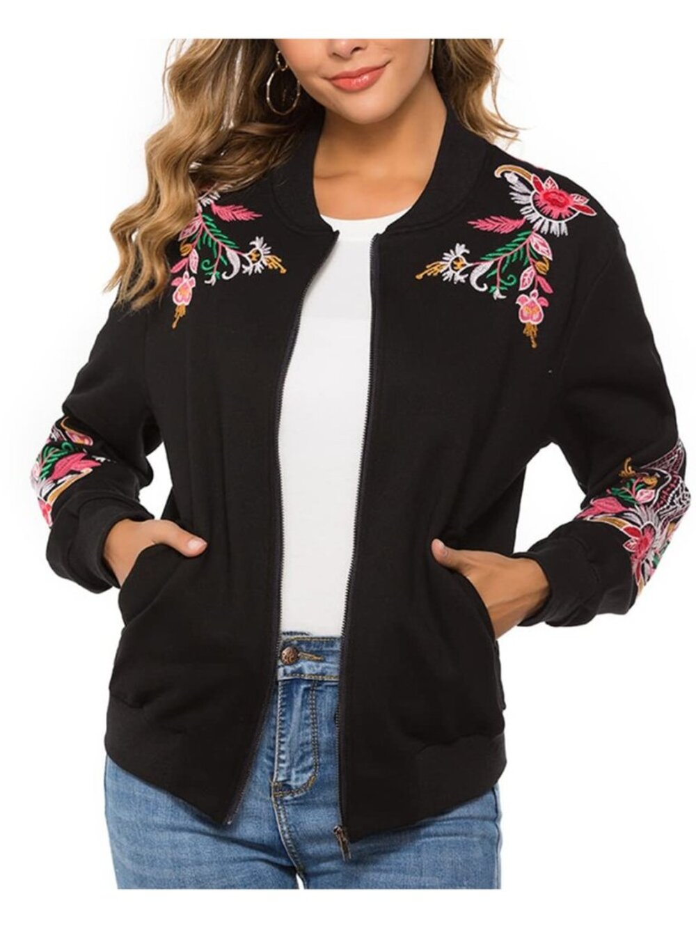 Women Floral Embroidered Zip Hoodie Jacket,Long Sleeve Fall Winter Coat